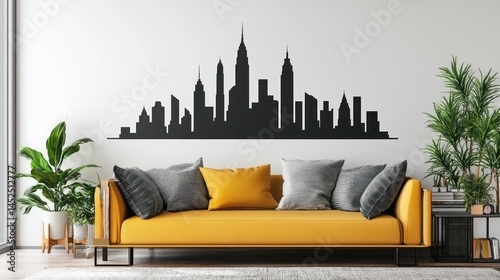Fototapeta Naklejka Na Ścianę i Meble -  Minimalist skyline silhouette sticker on a living room wall
