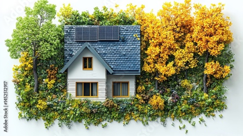 A charming house surrounded by vibrant autumn foliage and greenery, showcasing eco-friendly living