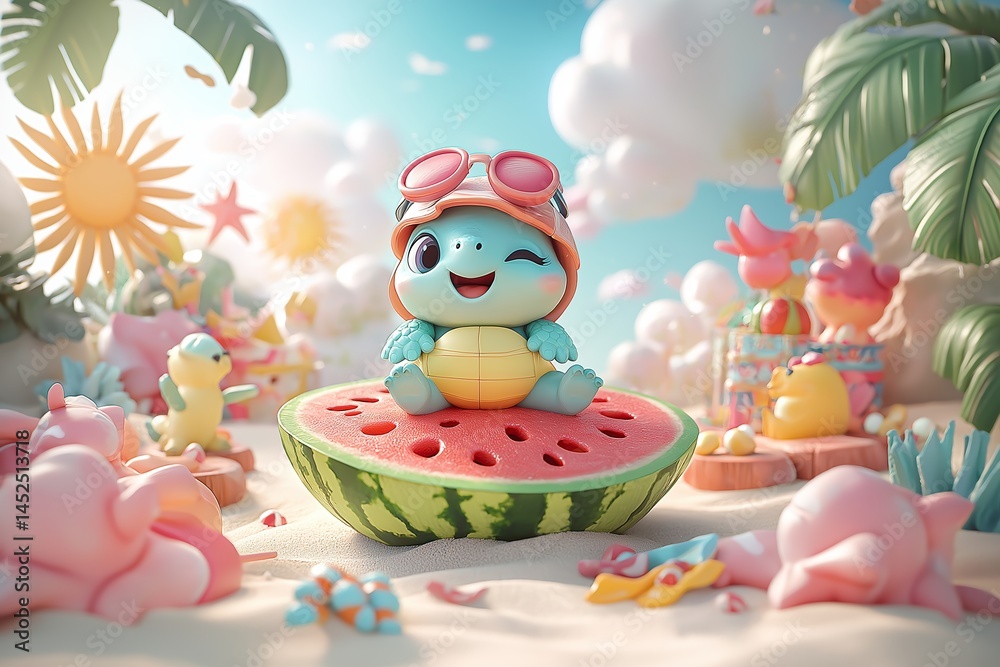 Naklejka premium Cute cartoon turtle with watermelon slice, chubby and smiling, surrounded by tropical beach items. Concept of cheerful turtle with watermelon, playful summer vibe.