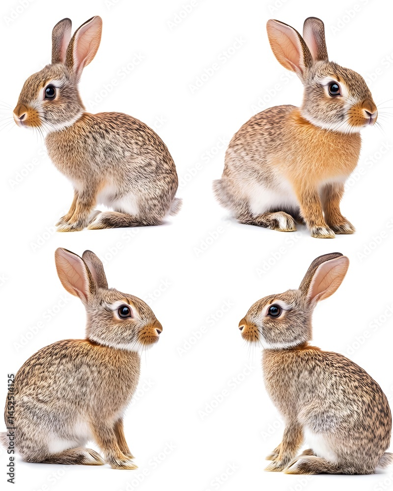 Fototapeta premium Four Brown Rabbits in Different Poses on White Background