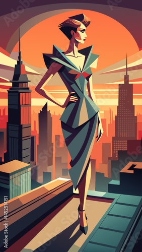 A woman wearing a blue dress stands on a rooftop in front of a city skyline. The painting captures the essence of the city, with its tall buildings and bustling streets