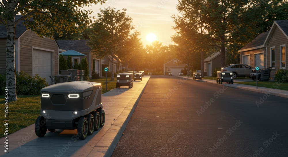 Obraz premium Autonomous Delivery Robots on Suburban Street at Sunset