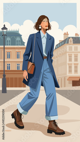 A woman in a blue jacket and blue pants walks down a city street. She is carrying a black purse and wearing red shoes. The scene is set in a city with tall buildings and a street lamp