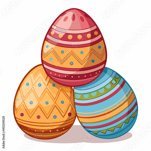 Create a vector illustration of three bold-stroked Easter eggs stacked vertically, showcasing a vibrant, modern design.