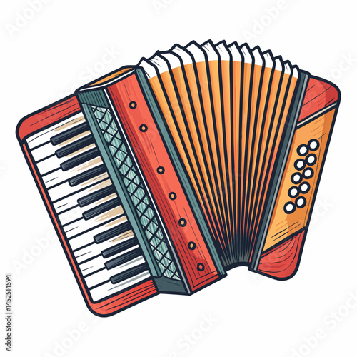 Create a bold, vector illustration of a traditional diatonic button accordion, emphasizing strong black outlines and clean lines.
