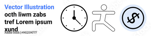 Clock, running figure, and dollar emphasizing time value, efficiency, financial goals, and work-life balance. Ideal for productivity, fitness, finance planning motivation digital tools simple