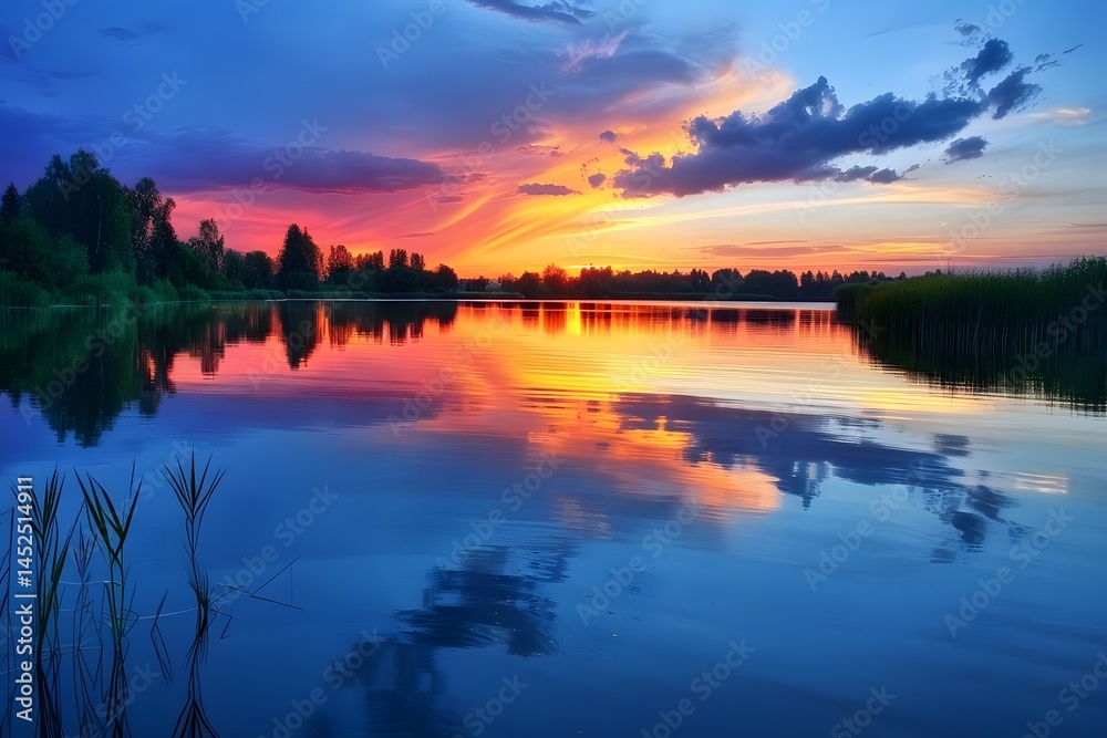 Fototapeta premium Vibrant Sunset Colors Reflecting on Calm Lake Water with Silhouetted Trees, Creating a Serene and Picturesque Landscape at Twilight, Featuring Stunning Sky Hues and Tranquil Atmosphere, Ideal for Rela