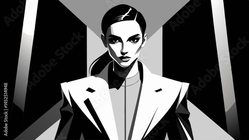 A woman is wearing a white coat and pants and standing in front of a black background