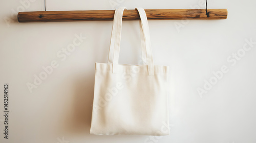 A simple white tote bag hanging from a wooden rod against a white background wall