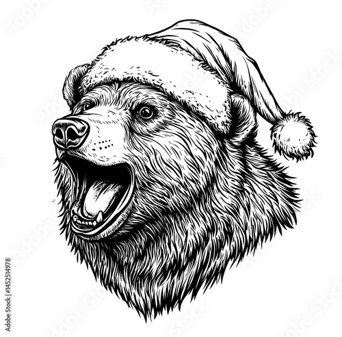 Roaring Bear in Santa Hat - Christmas Wildlife Illustration