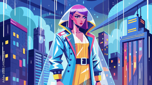 A woman is walking down a city street in the rain, holding an umbrella. The scene is set in a city with tall buildings and a street lamp in the background. The woman is wearing a white coat