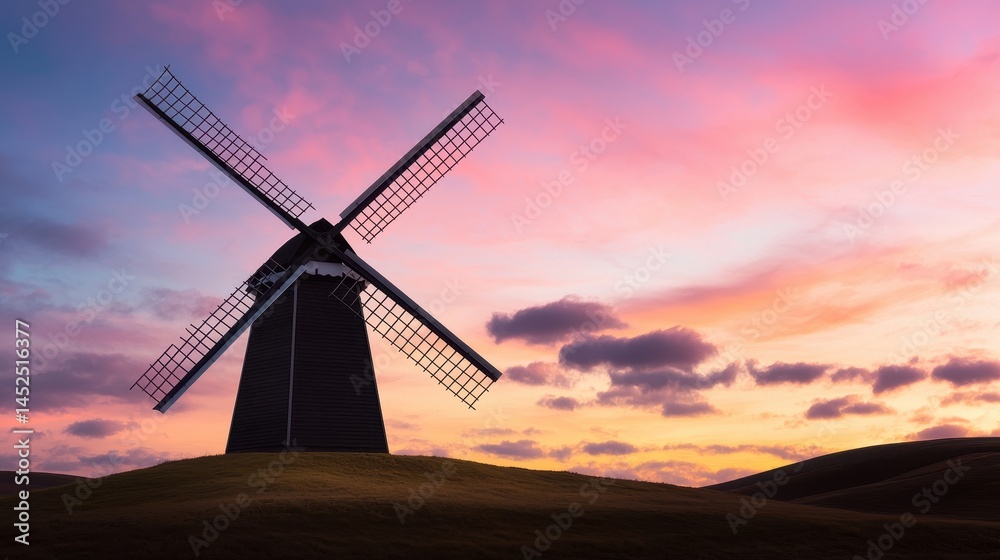 Obraz premium Majestic Windmill Silhouette Against Vibrant Sunset Sky Background