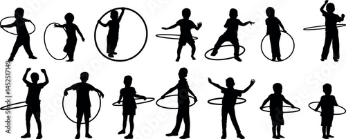 Set of silhouettes of boys playing hula hoop.