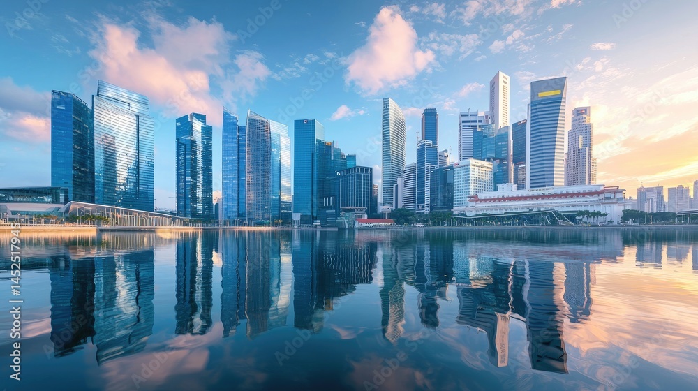 Fototapeta premium Panoramic view of a modern city skyline reflected in the water at dawn.