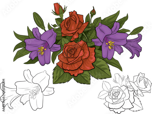 violet lilies and red roses with leaves and Baby flower and line art drawing vector illustration.