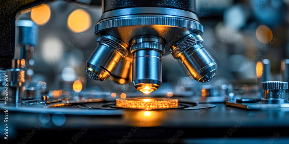 Intricate details of a microscope capturing a specimen under bright illumination in a laboratory setting Intricate details of a microscope capturing a specimen under bright illumination in a laboratory setting