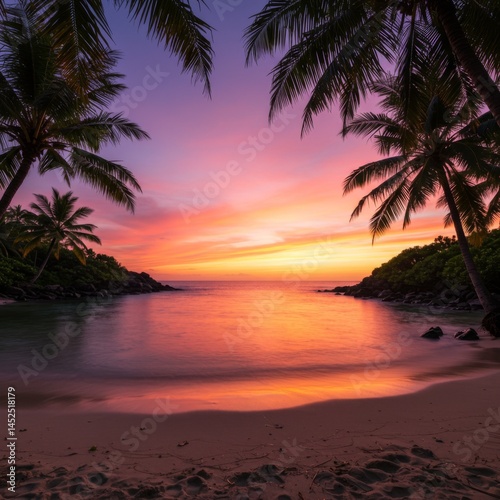 Pink Orange Sunset Over Tropical Beach With Palm Trees