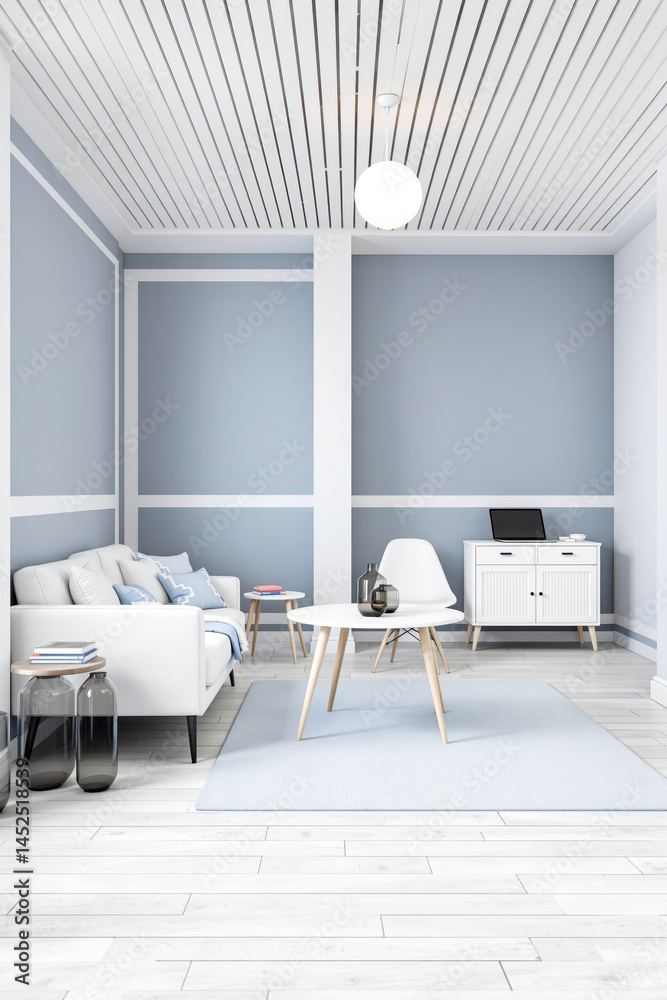 Fototapeta premium modern living room with white sofa and light blue walls