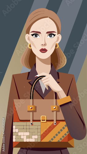 A woman is holding a purse in front of a building. The woman is wearing a black jacket and a white shirt. The purse is brown and has a lock