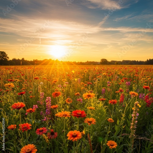 Vibrant Wildflower Meadow at Sunset