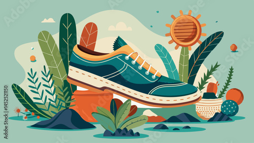 A shoe is sitting on a rock in a lush green field. The shoe is blue and has a yellow strap. The field is full of plants and trees, and there is a potted plant nearby. The scene is peaceful and serene