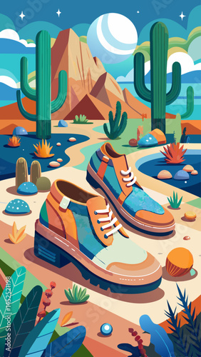 A shoe is sitting on a rock in a lush green field. The shoe is blue and has a yellow strap. The field is full of plants and trees, and there is a potted plant nearby. The scene is peaceful and serene