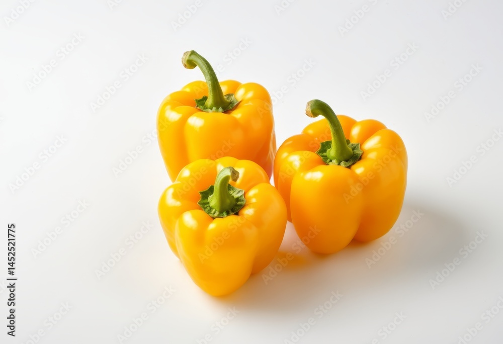 Three yellow peppers sit on a white surface Three yellow peppers sit on a white surface