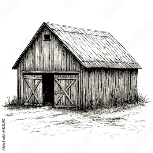 Hand drawn barn building, vintage engraving style, woodcut farm illustration, rustic countryside sketch, retro farmhouse drawing, rural landscape vector, heritage architecture