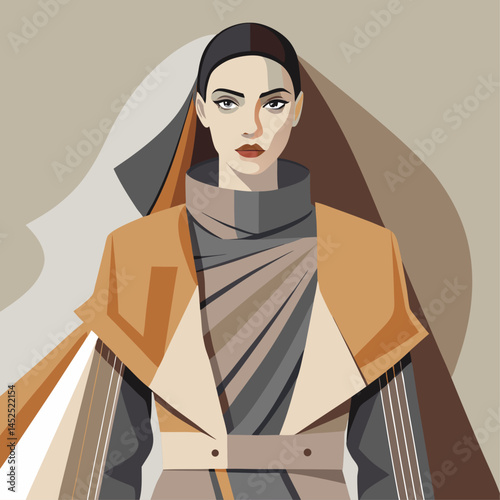 A woman in a long orange coat stands in front of a wall. She is wearing a red lipstick and has a serious expression on her face. Concept of elegance and sophistication