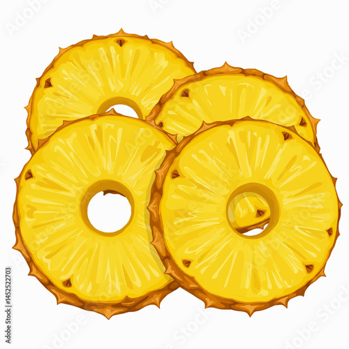 A illustration of a bright yellow pineapple, sliced into rings, with a clean white background.