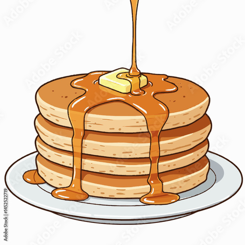 A illustration of a stack of pancakes topped with butter and maple syrup, on a white plate.