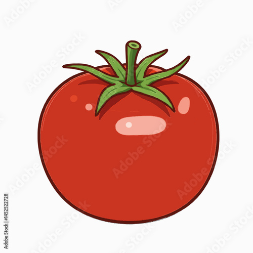 A illustration of a vibrant red tomato with a green stem, on a solid white background.