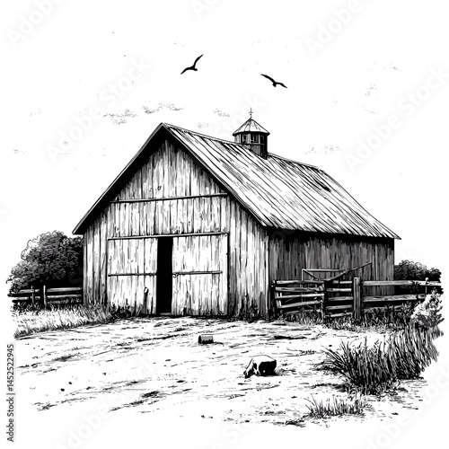 Rustic barn illustration, vintage hand drawn style, old farmhouse sketch, woodcut engraving vector, rural countryside artwork, traditional farm building, black ink drawing