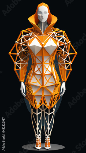 A mannequin wearing a white and blue outfit with a red stripe. The outfit is made of paper and has a very intricate design