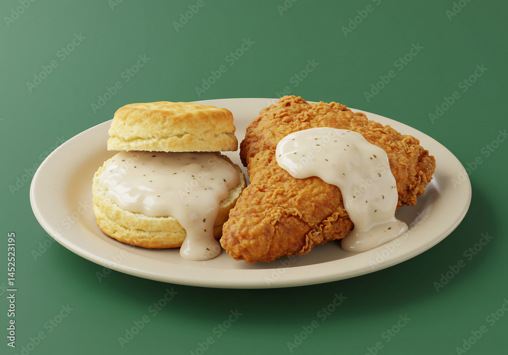 Obraz premium Crispy Fried Chicken with Buttery Biscuit and Creamy Gravy