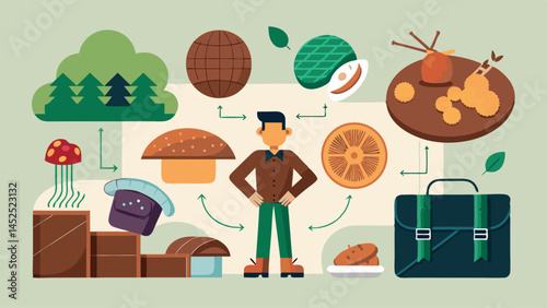 A colorful diagram with many different shapes and words. The diagram is about the process of making a product