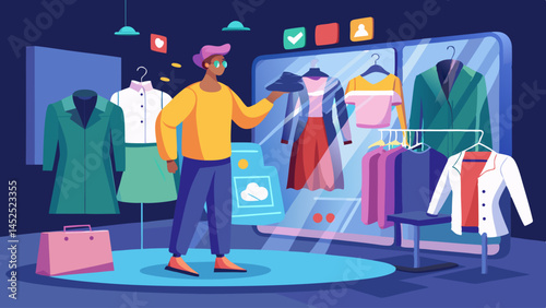 A man and a woman are looking at a dress on a screen. The man is pointing to the dress and the woman is smiling. Concept of excitement and interest in fashion