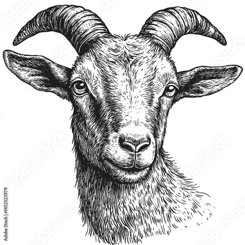Vintage Goat Head sketch, woodcut engraving vector, hand drawn farm animal, rustic horned goat illustration, old etching style, trendy black ink artwork, retro animal print,