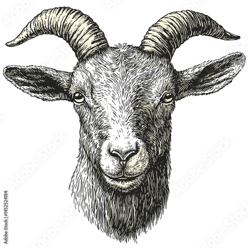 Woodcut style Goat Head drawing, vintage sketch vector, black ink illustration, farm animal artwork, rustic horned goat, traditional etching art, classic livestock design,