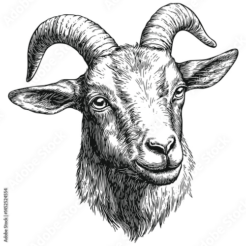 Hand drawn Goat Head vector, old engraving sketch, vintage animal art, rustic farm illustration, black ink goat drawing, horned livestock print, trendy antique style,