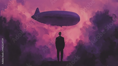 Man contemplates a dirigible amidst dramatic clouds