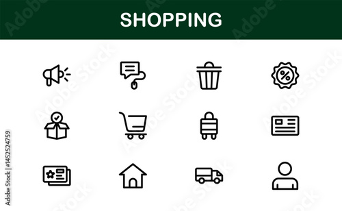 Trendy Shopping Symbols Collection. Stylish Retail, E-Commerce, and Market-Themed Vector Illustrations for Websites, Apps, and Digital Stores. Premium Shopping line icons.
