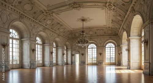 Grand Palace Hall Interior with Sunlight Streaming Through Windows