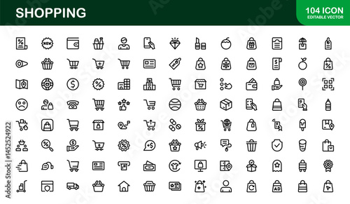 Trendy Shopping Symbols Collection. Stylish Retail, E-Commerce, and Market-Themed Vector Illustrations for Websites, Apps, and Digital Stores. Premium Shopping line icons.