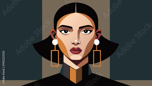 A woman with a black and gold earring sits in front of a black background. The earring is a large, gold hoop that is hanging from her ear. The woman's face is the main focus of the image
