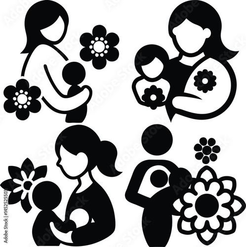 Motherhood and childcare vector icon set with floral design elements in black and white simple graphics illustrating maternal love,perfect for design projects related to family,childcare,and parenting