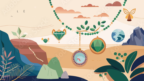 A drawing of a mountain range with a necklace and a diamond. The necklace is on the left side of the image and the diamond is on the right side. The drawing is colorful and lively