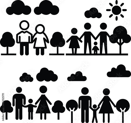 Family pictogram collection representing love togetherness and generations surrounded by nature elements showcasing diverse family structures and unity