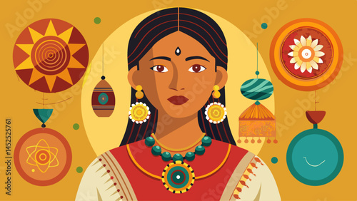 A woman is the main focus of the image, with various decorative items surrounding her. Scene is colorful and lively, with a focus on Indian culture and traditions. The woman is wearing a red