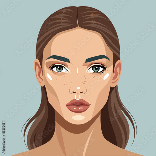 A woman with green eyes and a light brown hair. She has a light brown skin